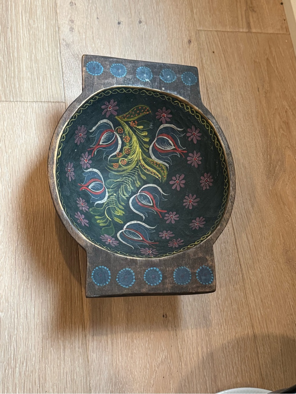 Hand-Painted Folk Art Wooden Bowl - Floral Motif in Black, Red & Green